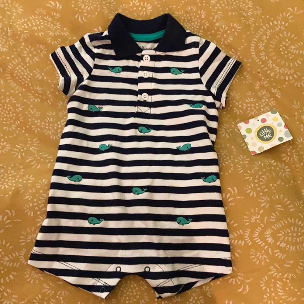 NWT Little Me 6 Month Stiped Polo Style Onesie Romper Whales